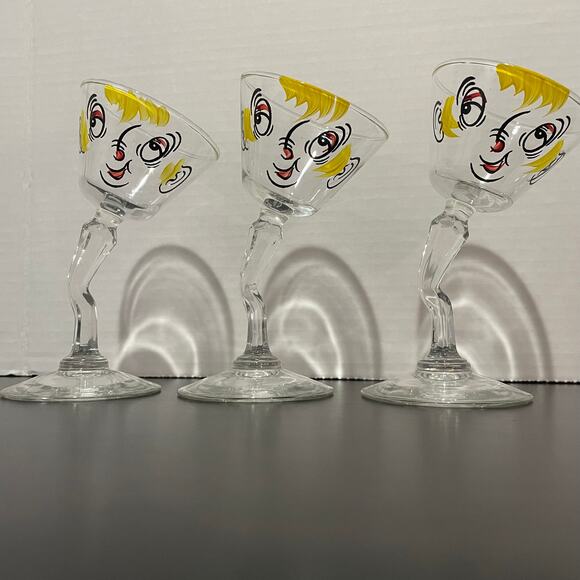 3 Beau Brummel Martini Glasses by Gay Fad Tipsy Drunk 5.5” Bent Stem Barware MCM - Picture 5 of 7